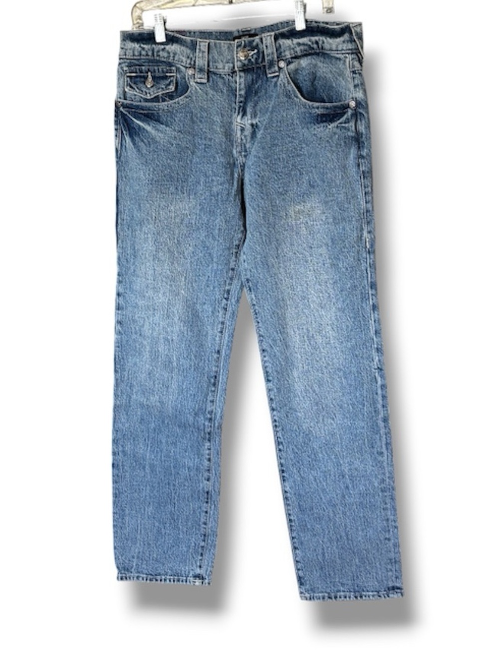 True Religion Ricki Relaxed Straight Jeans 29 Light Wash Painted Pockets Y2K - Picture 3 of 13